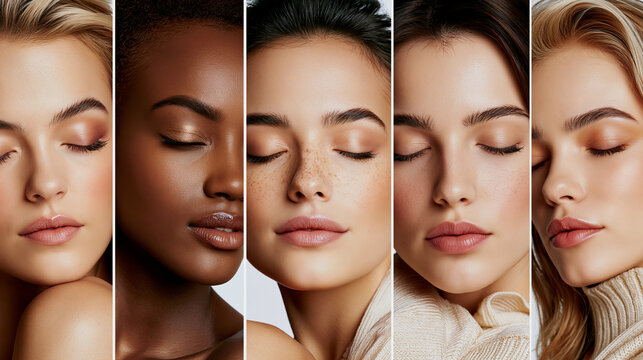 Portrait of diverse group of beautiful women with natural beauty and glowing smooth skin 