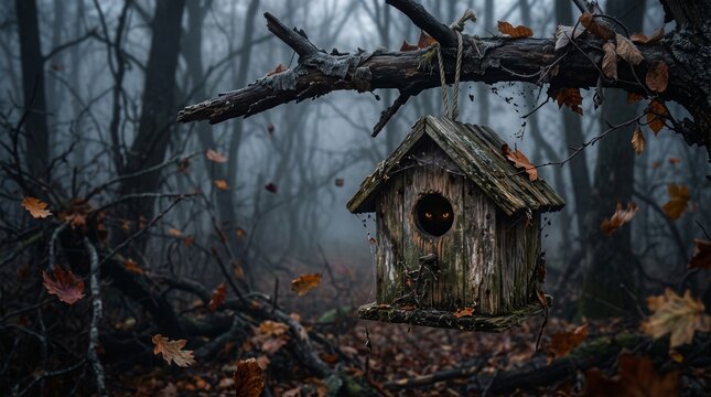 A atmospheric, creepy photo-realistic shot of a weathered, old wooden birdhouse hanging by a rustic rope from a mossy, bare tree branch. Glowing, fierce orange eyes stare out from the pitch-black roun