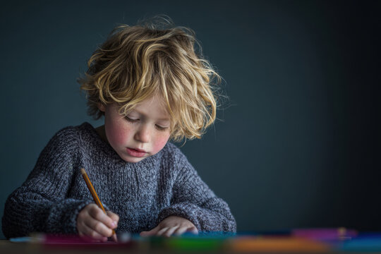 Young child with blond curly hair focused on drawing with a pencil