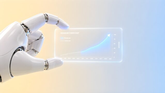 Futuristic white robotic hand holding a holographic demand forecast graph showing growth trends and data analytics in a modern technology setting
