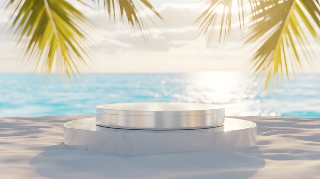 Minimalist marble product display podium sitting on white sand against a bright tropical ocean sunset background