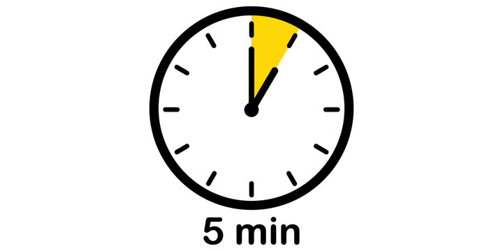 Clock face showing five minutes with yellow marker indicating time elapsed.