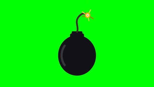 Black bomb animation with burning fuse and sparks, explosive danger concept motion graphic on chroma key green screen background