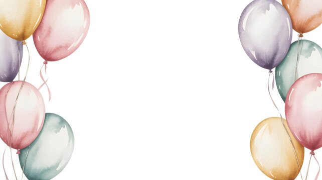 Watercolor balloons arranged as a colorful side border frame for festive party invitation card designs background