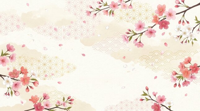 Traditional japanese cherry blossom background with sakura branches and cultural patterns