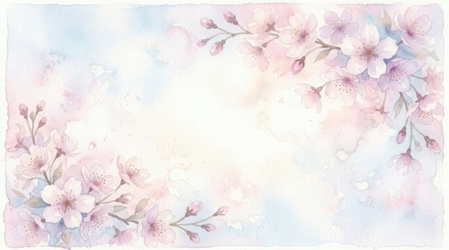 Watercolor background with cherry blossom branches and soft pastel wash