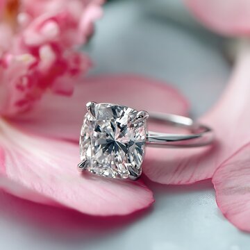 A sparkling cushion cut diamond engagement ring rests on soft pink flower petals. Ideal for romantic wedding or luxury jewelry marketing materials.