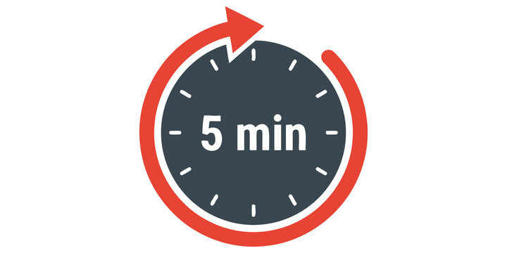 Circular timer graphic with red arrow and text indicating five minute duration.