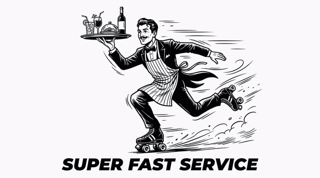 A vintage black and white engraved line art illustration of a cheerful waiter roller-skating fast while holding a tray with food and drinks, with text Super Fast Service.