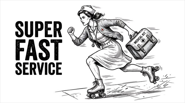 A vintage black and white engraving style illustration of a female nurse roller skating quickly carrying a medical first aid kit bag with text Super Fast Service.
