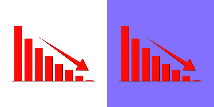 Red bar chart showing downward trend with an arrow for business analytics