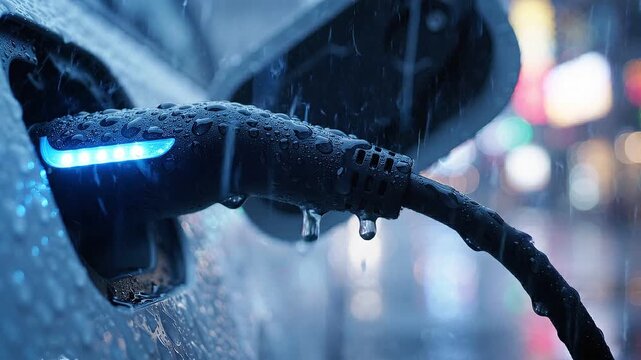 Electric car charging plug with blue led indicator connected in heavy rain at night. Sustainable transport and clean energy concept for eco friendly mobility