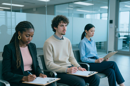 Multiethnic young adults sitting and writing on clipboards during office interview, showing recruitment and candidate evaluation. Useful for hiring, HR, workplace content