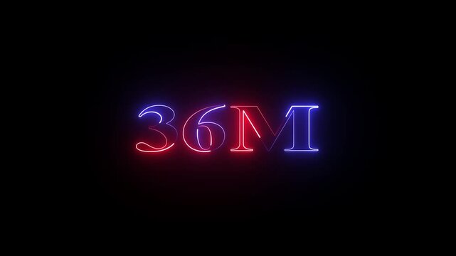 36 Million follower calibration, online community appreciation animation on black background,social media followers celebration digital neon motion background
