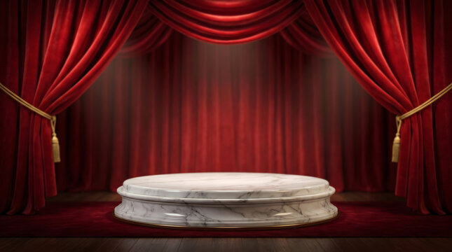 premium  Showcase, Curtain. red product showcase, marble round pedestal display stage with open curtain background to feature item 3d illustration template