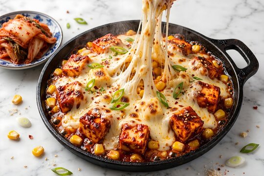 Delicious cheesy Korean street food tteokbokki melted string cheese pull in a frying pan on a rustic table