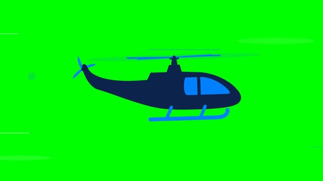 Helicopter flying animation with spinning rotors and speed lines, air transportation motion graphic on chroma key green screen background