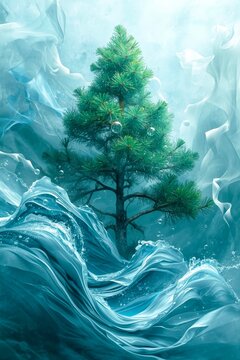 Lone pine tree stands defiant in swirling ocean waves