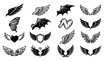 Fototapeta premium Wing Set Bird Bat Chicken and Mythical Wings Solid Black Vector Symbols