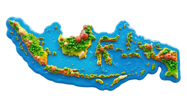 Tactile relief map of indonesia islands surrounded by deep blue ocean featuring textured terrain topography isolated against white background