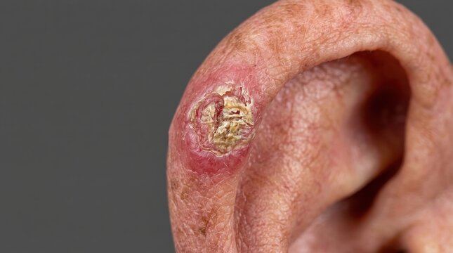 Macro shot of actinic keratosis skin cancer lesion on elderly human ear