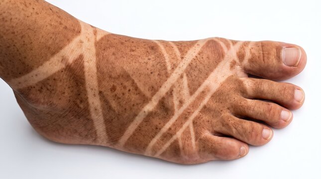 Top view close up of human foot with severe uneven sandal tan lines and freckles on skin