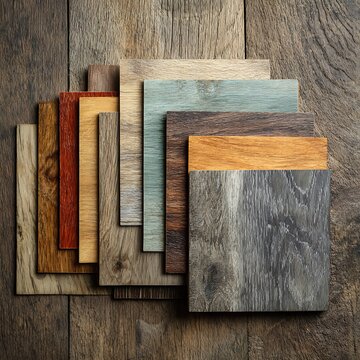 A collection of wooden flooring samples displays various textures and stains on a rustic surface. This palette is ideal for interior design and renovation projects.