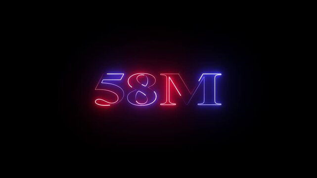 Glowing neon 58 Million achievement animation social media friends, fans or subscribers. Celebrate with your fans.social media milestone motion graphics animation on black background.