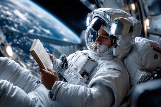 Astronaut enjoys reading while floating in space near Earth during a mission