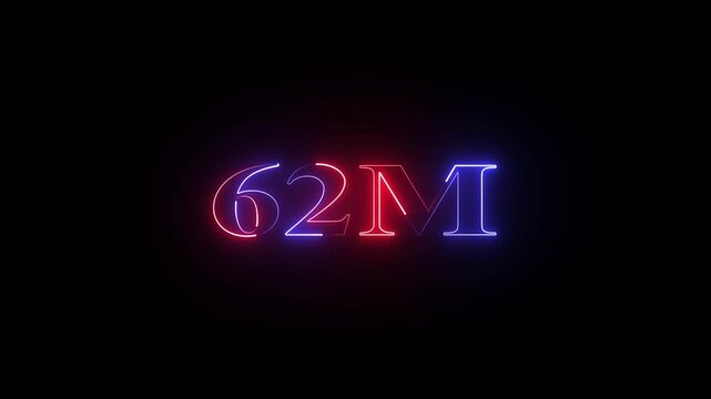 Glowing neon 62 Million achievement animation social media friends, fans or subscribers. Celebrate with your fans.social media milestone motion graphics animation on black background.