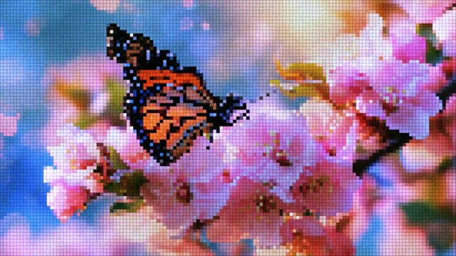 Nostalgic pixel art animation showing a colorful butterfly sitting on blooming cherry blossoms. Perfect for retro game assets, spring banners, and digital nature concepts.