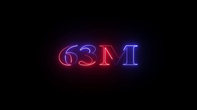 Glowing neon 63 Million achievement animation social media friends, fans or subscribers. Celebrate with your fans.social media milestone motion graphics animation on black background.