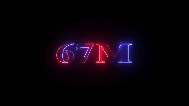 Glowing neon 67 Million achievement animation social media friends, fans or subscribers. Celebrate with your fans.social media milestone motion graphics animation on black background.