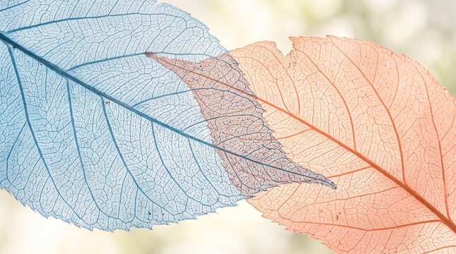 Extreme macro of two delicate skeleton leaves in contrasting light blue and peach colors showing intricate vein structures and natural net patterns.