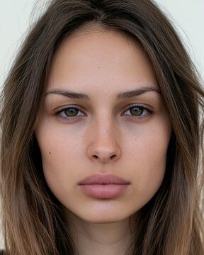 Young woman face closeup, natural makeup, brown hair, clear skin, neutral expression, beauty portrait, healthy complexion