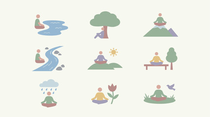 Fototapeta premium Set of 9 flat design icons depicting people meditating in various natural settings, including water, mountains, and park.