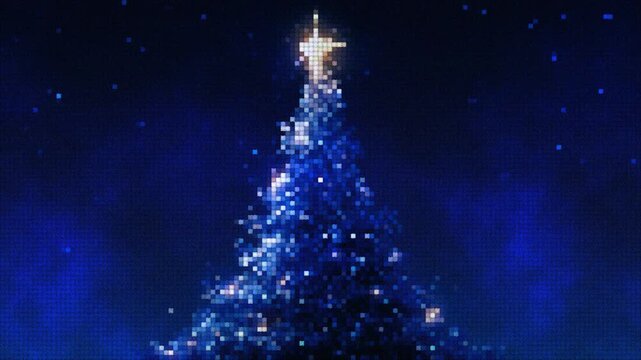 Magic pixel art animation of a glowing blue Christmas tree adorned with a shining star and sparkling lights. Perfect for winter holidays, festive video intros, and retro gaming.
