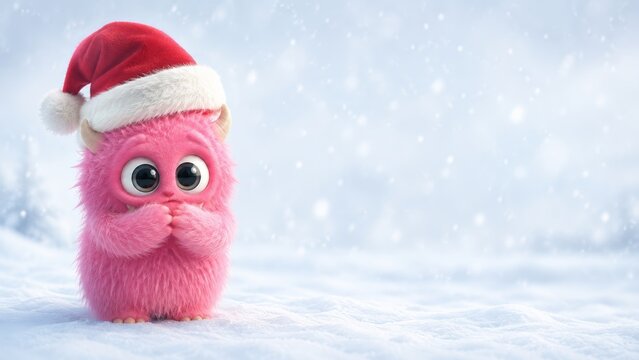 Adorable pink monster in Santa hat feeling chilly in snowy winter background with copy space, kids christmas banner