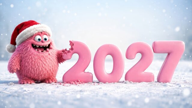 Adorable pink monster holding a bitten 2027 number in a snowy winter new year scene, whimsical new year copy space banner