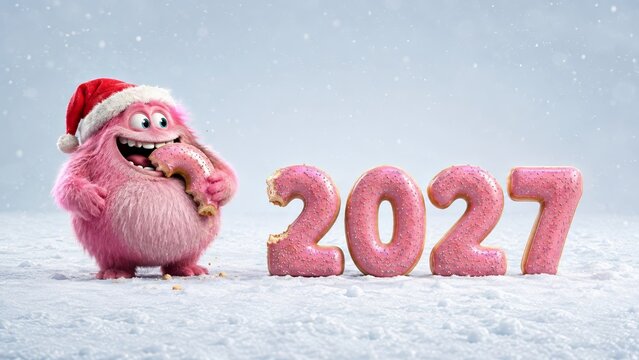 Adorable pink monster holding a giant donut beside 2027 pastry numbers in a snowy holiday setting