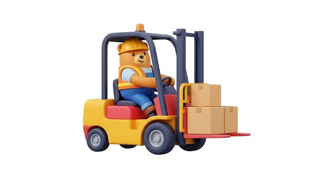 3D bear character operating warehouse forklift.