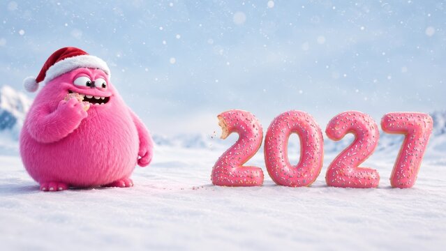 Adorable pink monster with donut and 2027 pastry numbers in a snowy winter landscape