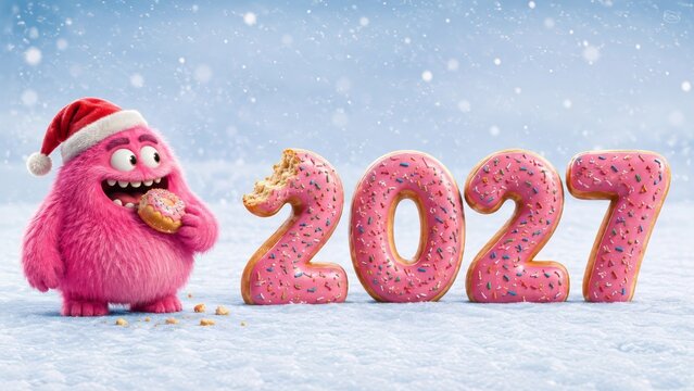 Christmas adorable pink monster eating a donut beside 2027 new year  pastry numbers in a snowy winter holiday scene