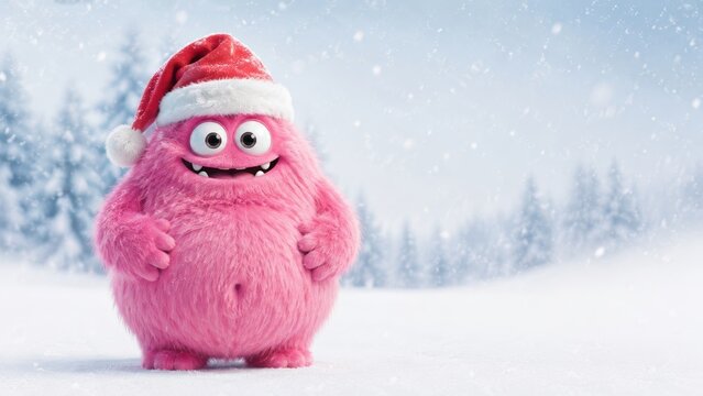 Adorable pink monster in Santa hat standing in snowy forest with copy space for holiday greeting, whimsical new year for kids, christmas mascot, 