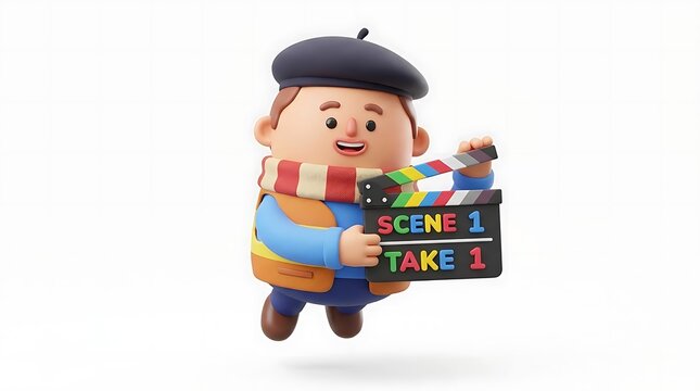 3D cartoon boy filmmaker holding a movie clapperboard.
