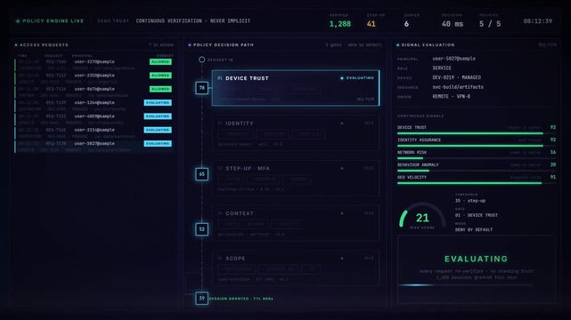 Zero trust policy engine dashboard evaluating access requests and showing access denied alert