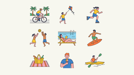 Fototapeta premium Set of nine flat design summer activity icons including cycling, kite flying, rollerblading, volleyball, surfing, and kayaking.