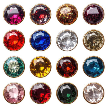 A grid of round, faceted gemstones in various colors set in gold.