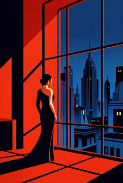 Elegant Woman in Evening Dress Looking at City Skyline Art Deco Style, Manhattan Night View, Luxury Fashion Illustration, Noir Mood