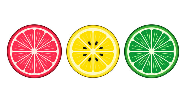 Fresh juicy citrus fruit slices top view cross section colorful red ruby grapefruit lemon and green lime